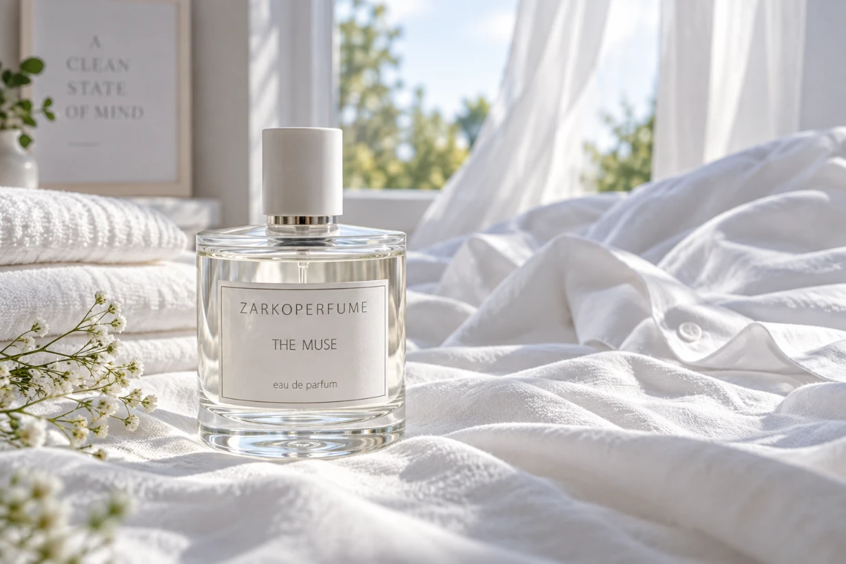 Zarkoperfume The Muse auf frischer weißer Bettwäsche im hellen, luftigen Ambiente mit Tageslicht.