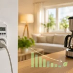 Zeitschaltuhr an Steckdose in modernem Zuhause steuert Lampe zum Stromsparen im Alltag effizient.