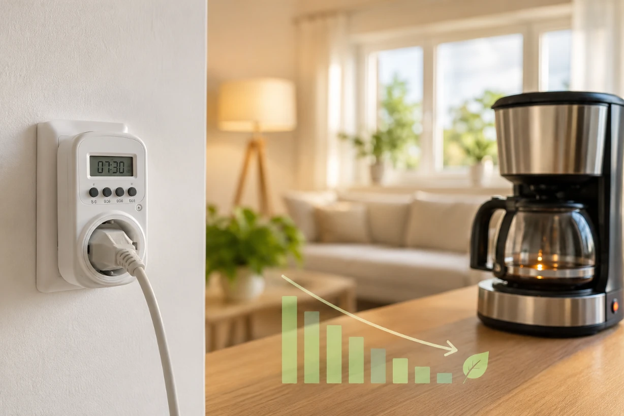 Zeitschaltuhr an Steckdose in modernem Zuhause steuert Lampe zum Stromsparen im Alltag effizient.