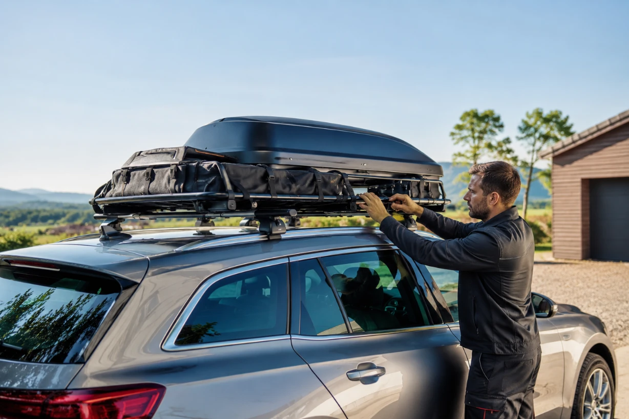 Moderner SUV mit Dachträger-Montage und sicher befestigter Ladung bei hellem Tageslicht.