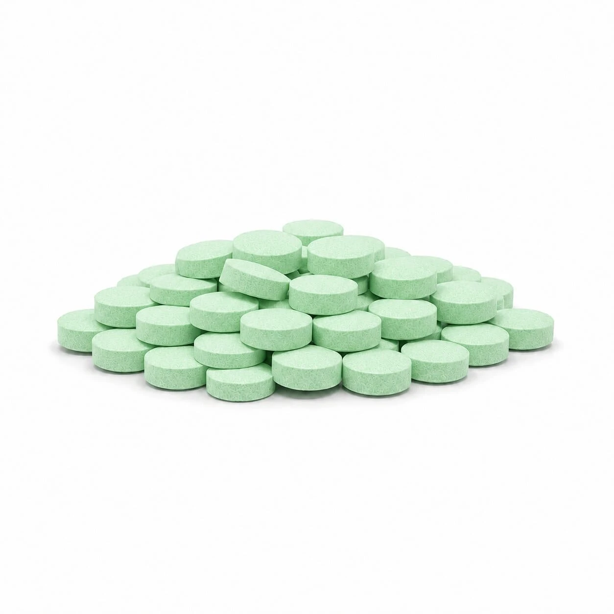 Grüne Tabletten als Stapel auf weißem Hintergrund, symbolisch für 4-Pro-MET und verantwortungsvollen Umgang.