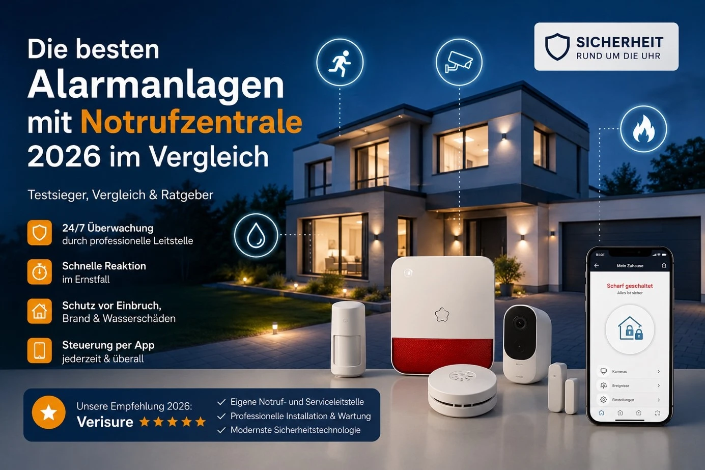 Moderne Alarmanlage mit Notrufzentrale für Einbruch-, Brand- und Wasserschutz im Smart Home 2026.