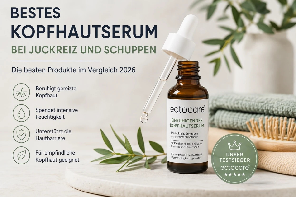 Bestes Kopfhautserum gegen Juckreiz und Schuppen mit Pipettenflasche in natürlicher Umgebung.