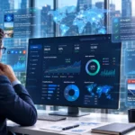 Business analyst analyzes news dashboard with market trends, AI analyses and global data.