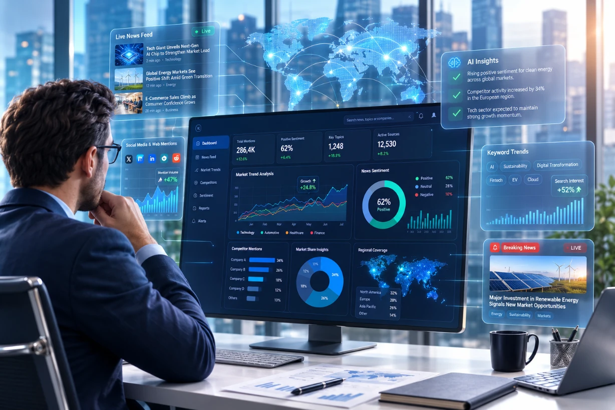 Business analyst analyzes news dashboard with market trends, AI analyses and global data.