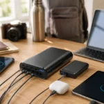 Große Powerbank lädt Smartphone und Tablet auf Schreibtisch mit Reisezubehör im Hintergrund