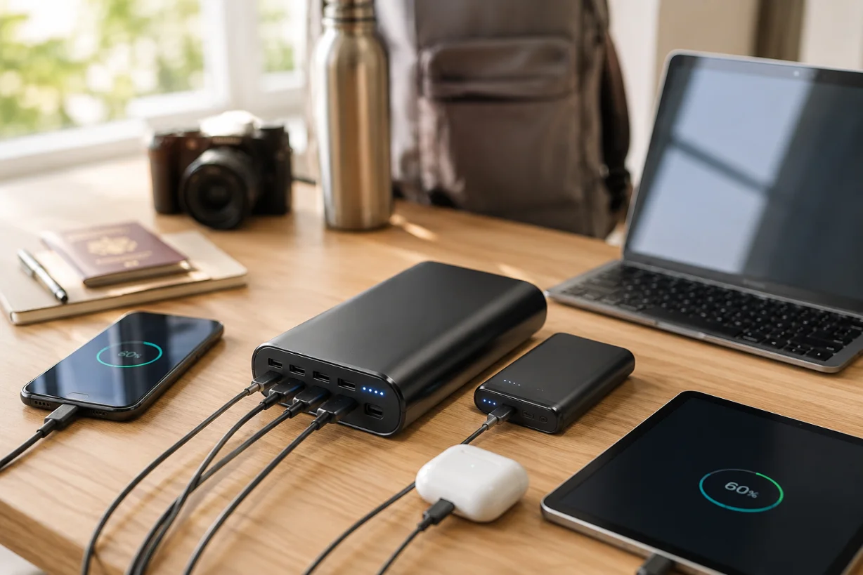 Große Powerbank lädt Smartphone und Tablet auf Schreibtisch mit Reisezubehör im Hintergrund