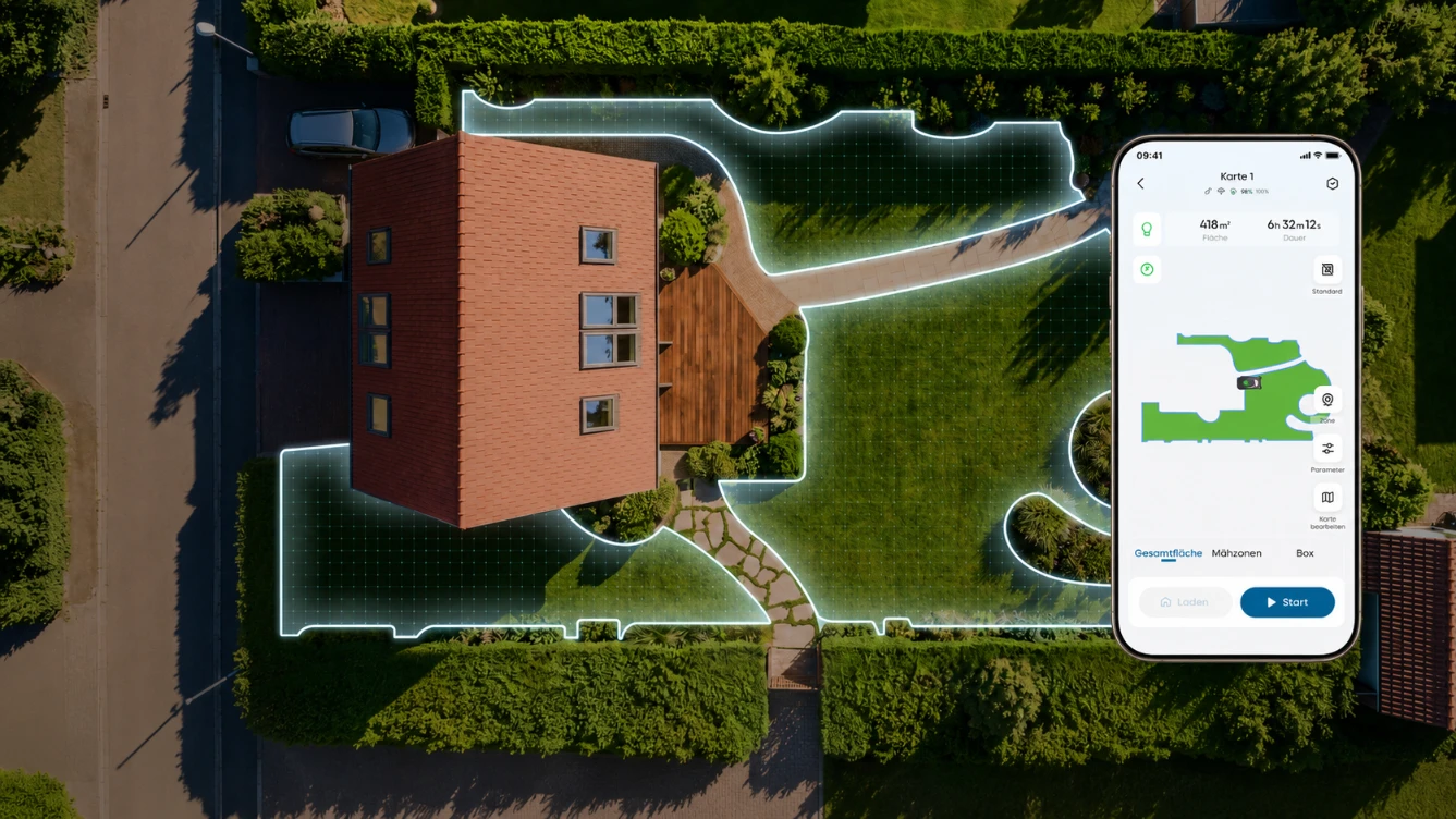 Luftbild eines Gartens mit smartem Mähroboter-Mähplan und App zur Fernsteuerung.