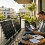Hausbesitzer vergleicht Balkonkraftwerk-Angebote auf modernem Balkon mit Solarmodulen und Unterlagen.