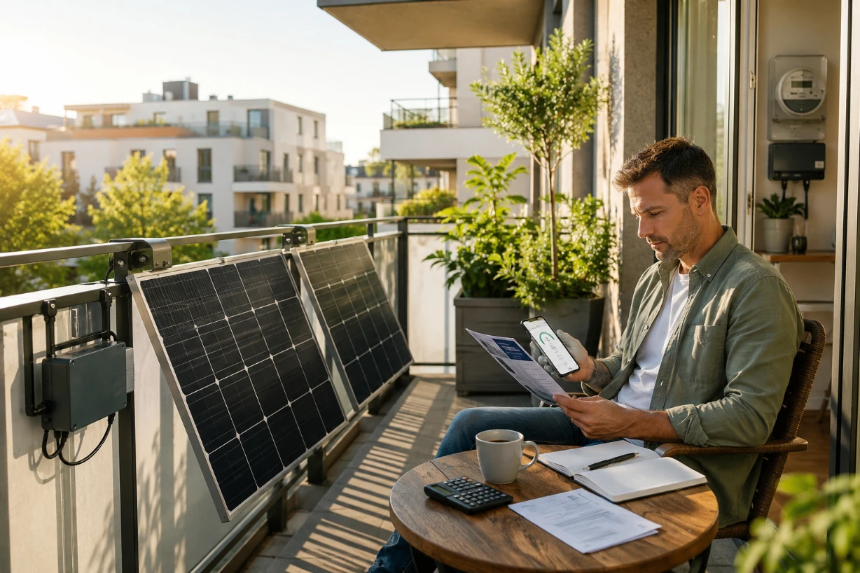 Hausbesitzer vergleicht Balkonkraftwerk-Angebote auf modernem Balkon mit Solarmodulen und Unterlagen.