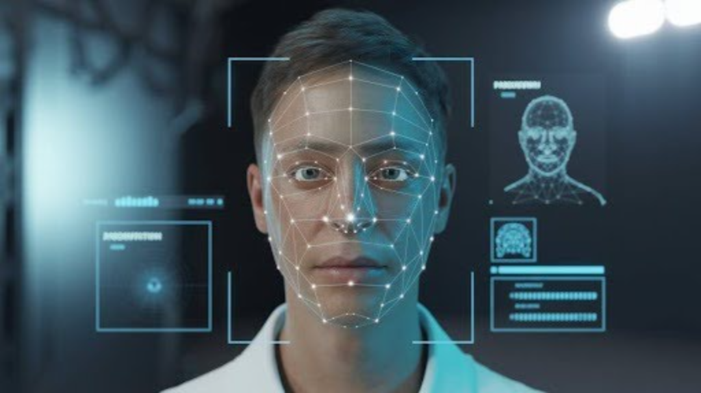 Facial recognition with AI, digital face network and biometric analysis displays on one monitor.