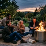 Freunde sitzen bei Sonnenuntergang gemütlich um eine moderne Feuerschale in einem stilvollen Garten.