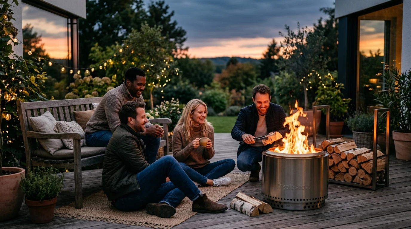 Freunde sitzen bei Sonnenuntergang gemütlich um eine moderne Feuerschale in einem stilvollen Garten.