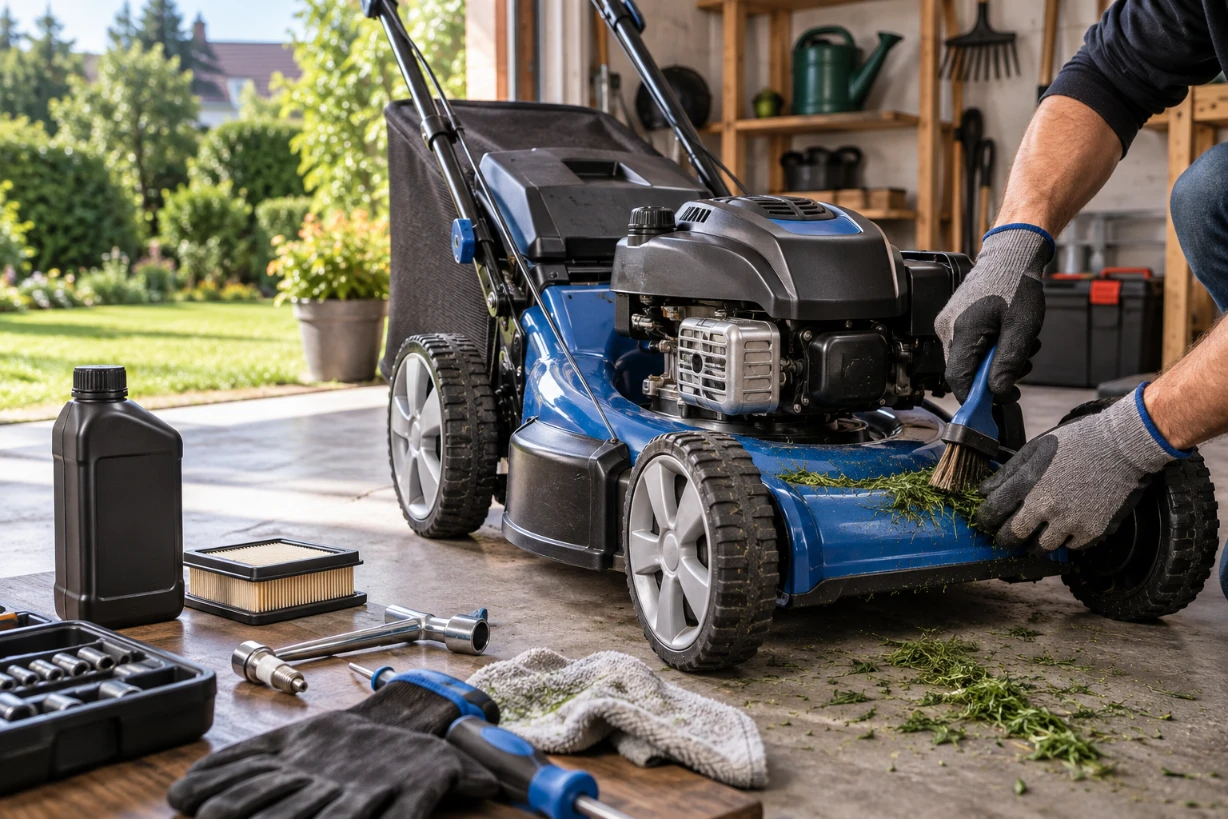 Scheppach Rasenmäher bei der Wartung in einer Garage mit Werkzeug, Bürste und Ersatzteilen.