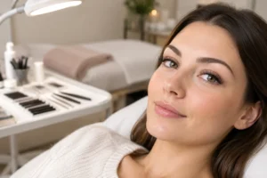 Frau mit professionell verlängerten Wimpern in einem hellen, modernen Kosmetikstudio.