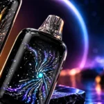 Zwei schwarze Vape-Geräte mit leuchtenden Designs vor einem futuristischen Hintergrund in Blau und Gold.