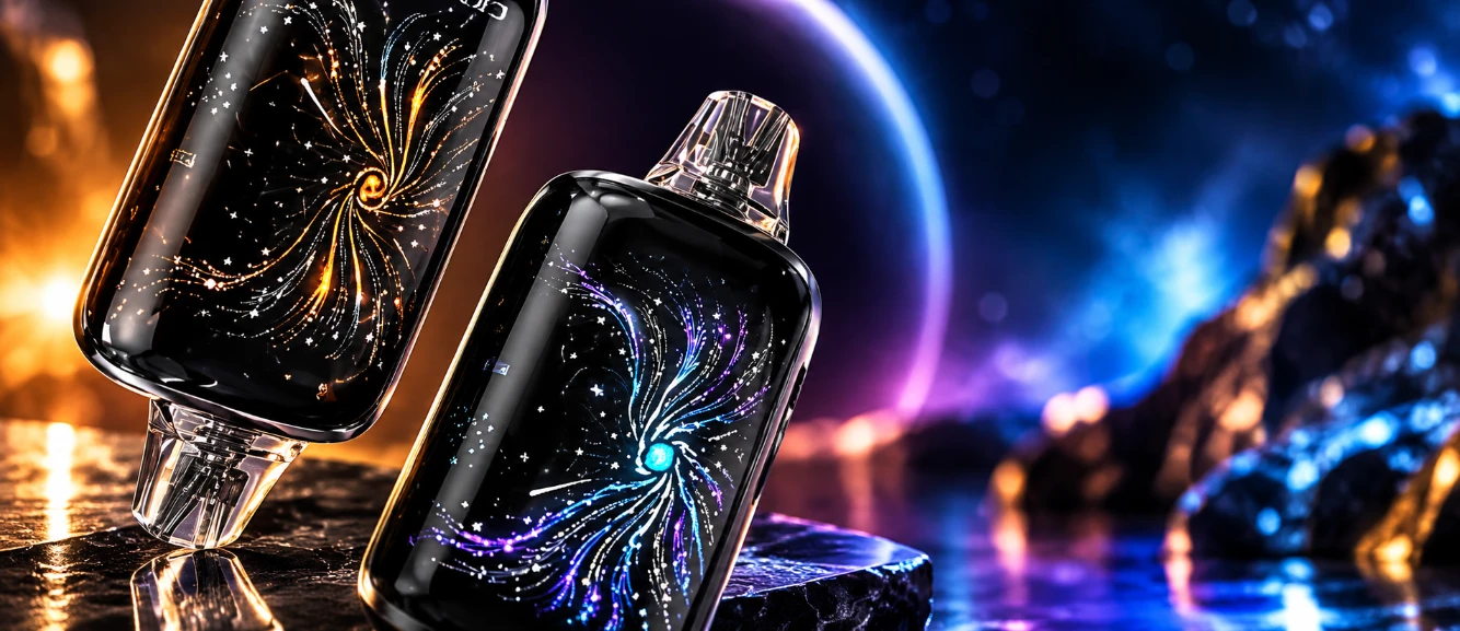 Zwei schwarze Vape-Geräte mit leuchtenden Designs vor einem futuristischen Hintergrund in Blau und Gold.